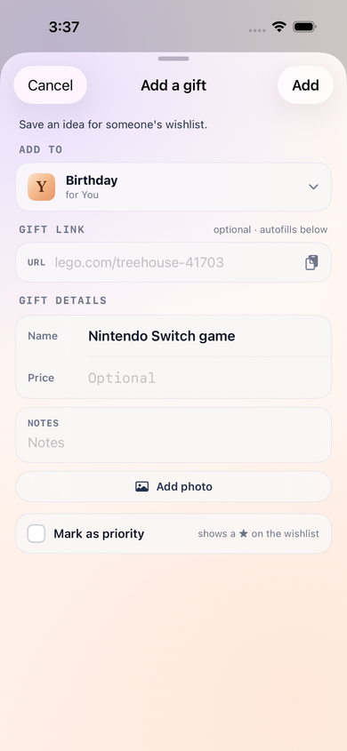 Add a gift idea from a note or link