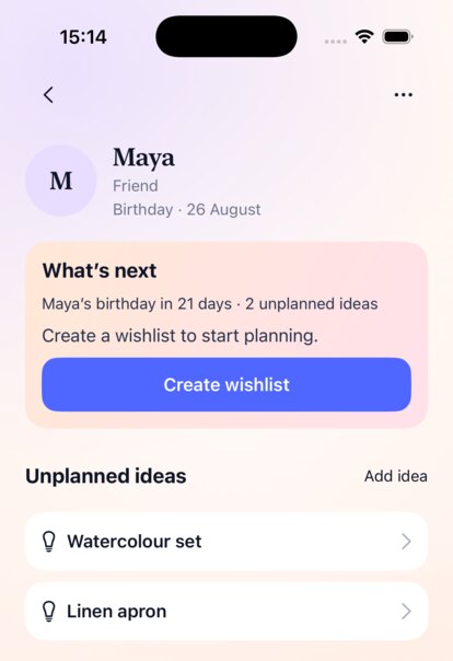 A person's page in Skarbi for Maya, showing her birthday in 21 days and two unplanned ideas waiting in her inbox